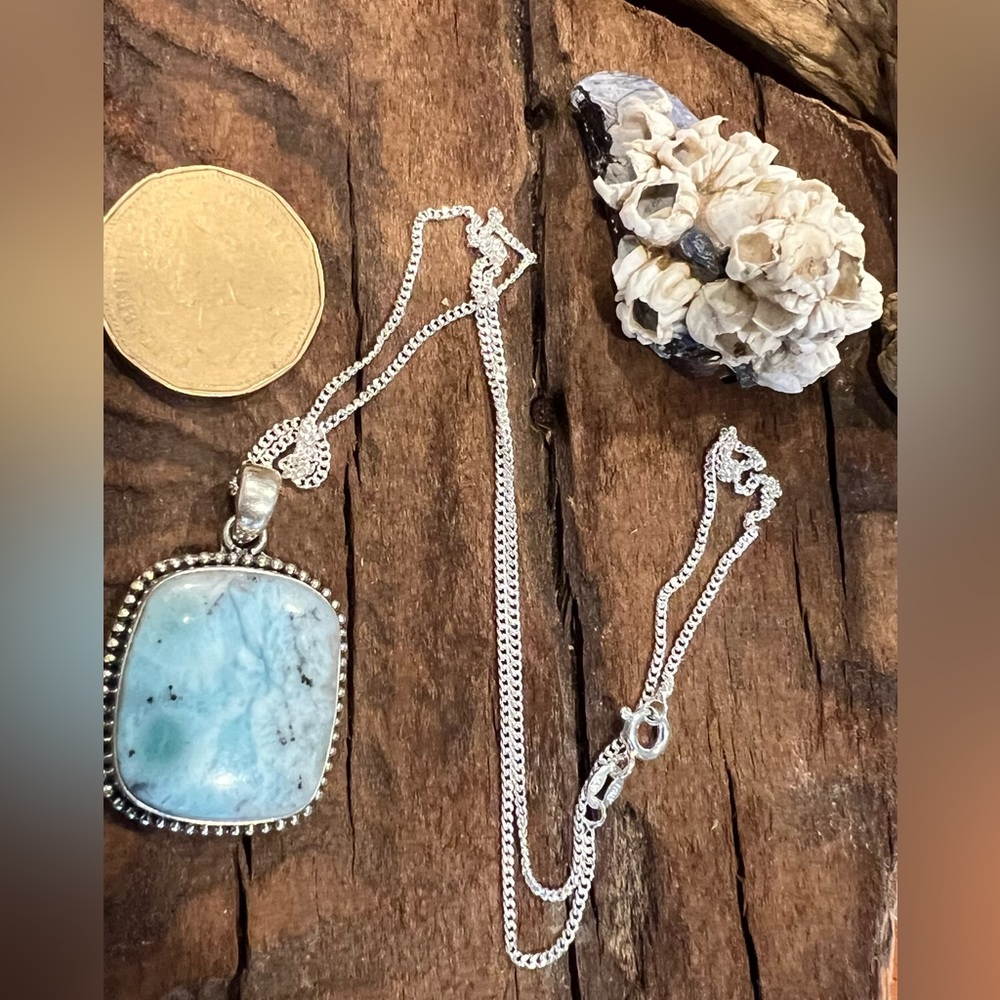 NWT Bali Thailand Baby Blue Green Larimar Sterling Necklace Square Pendant Gem